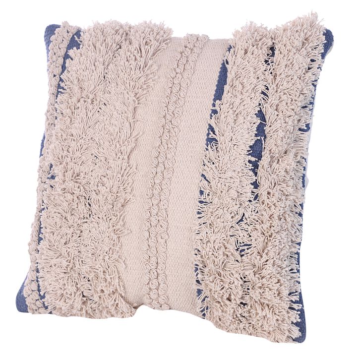 18 x 18 Handcrafted Soft Shaggy Cotton Accent Throw Pillow, Woven Yarn, Beige, Blue- Benzara