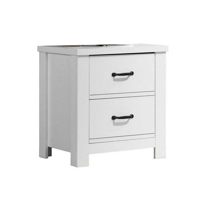 Jermy 22 Inch Nightstand, 2 Drawers, Black Handles, Crisp White Finish - Benzara