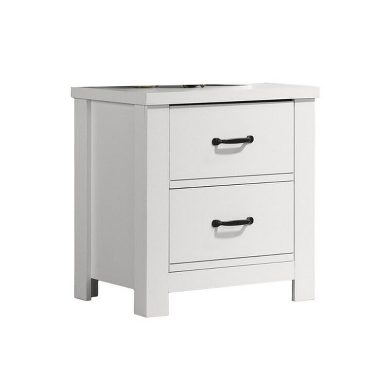 Jermy 22 Inch Nightstand, 2 Drawers, Black Handles, Crisp White Finish - Benzara
