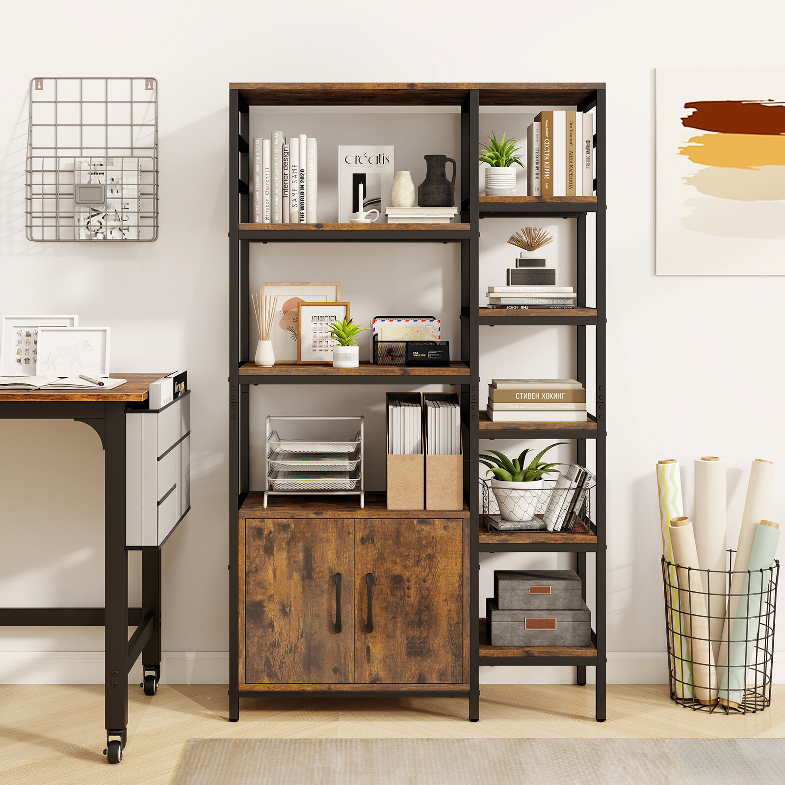 Double Wide 8-Tier Open Shelf Bookcase with Enclosed Cabinet