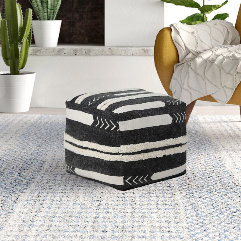 Decorative Cotton Pouf Ottoman – Geometric Upholstered Ottoman for Lounge