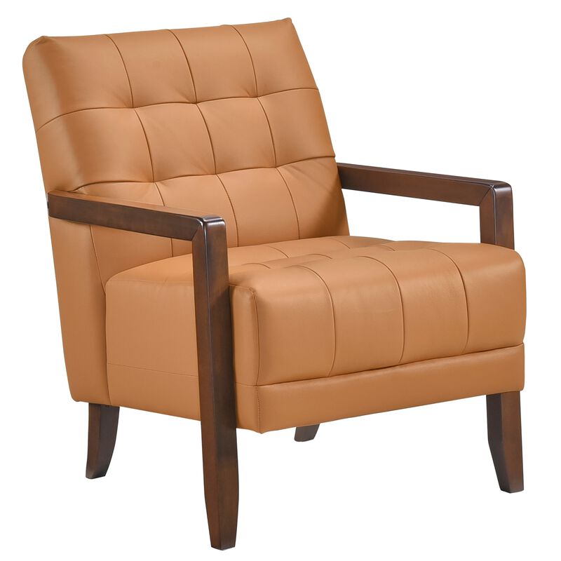 Lenie Accent Armchair, Button Tufted Orange Leather, Walnut Brown