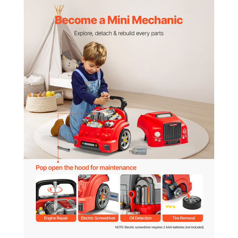 60-Piece Kids Mechanic Car Repair Set with Removable Engine Parts, Lights, Sounds & Horn-Red image number 5