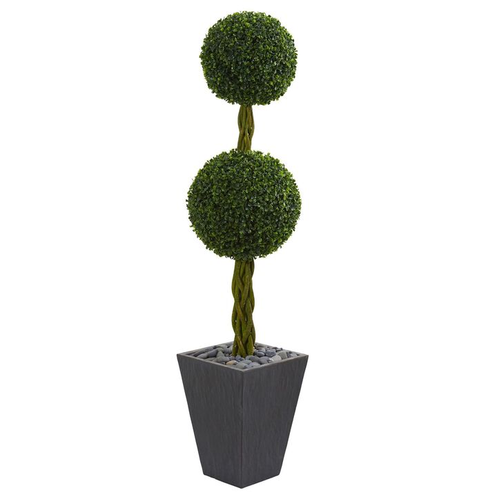 Nearly Natural 5-ft Double Boxwood in Slate Planter UV (Indoor/Outdoor)