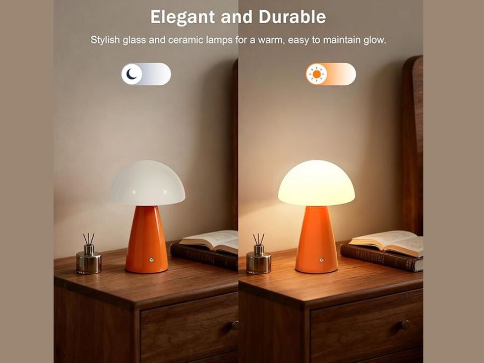 Mushroom Glass Table Lamp Rechargeable Cordless Dimmable Bedside Night Light