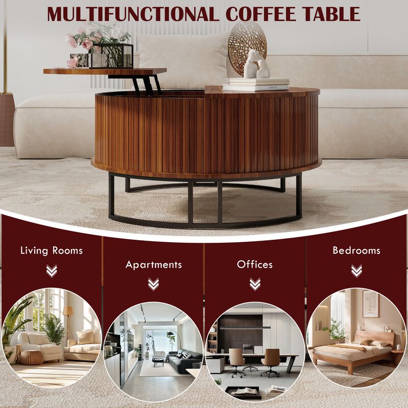 31.5" Modern Round Lift-Top Coffee Table with Hidden Storage, Walnut Wooden Living Room Table image number 3