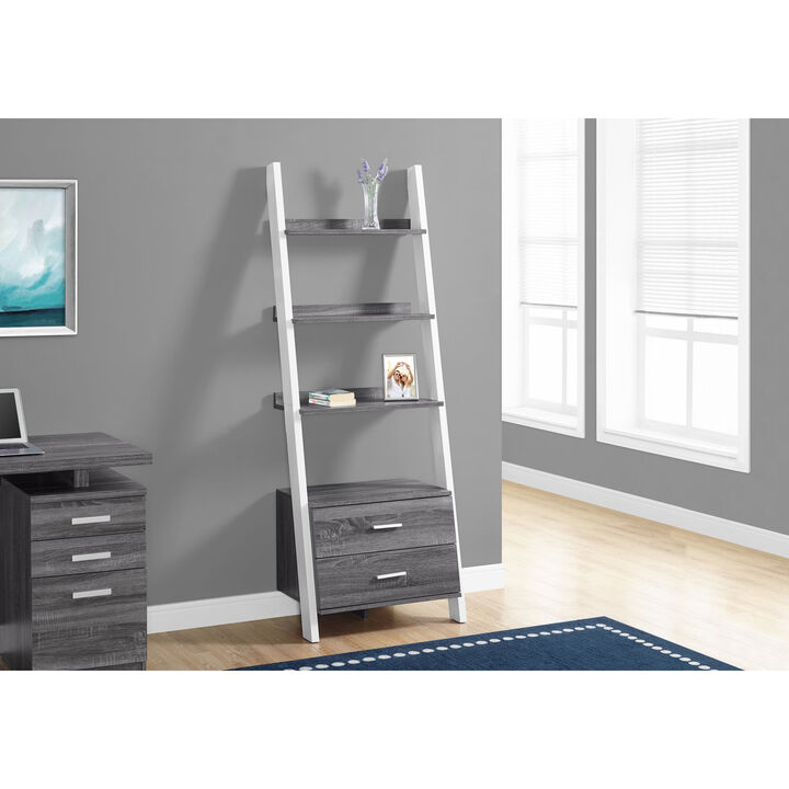 Monarch Specialties I 2756 Bookshelf, Bookcase, Etagere, Ladder, 4 Tier, 69"H, Office, Bedroom, Laminate, Grey, White, Contemporary, Modern