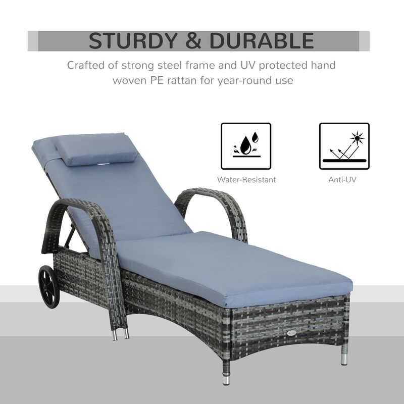 Grey Outdoor Lounger: Wicker Chaise with Adjustable Back and Wheels