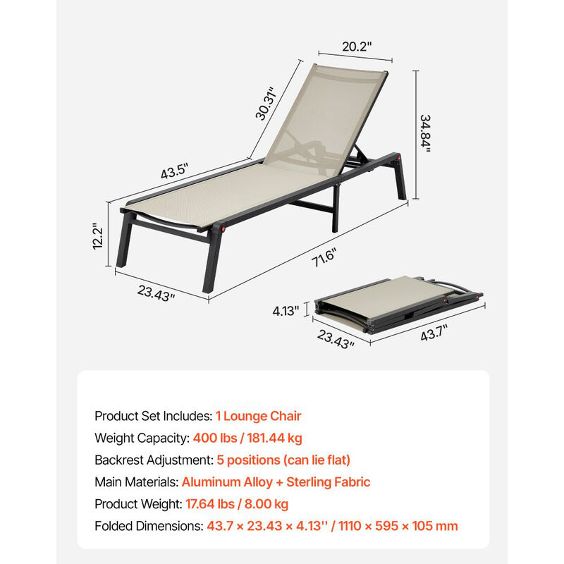 Foldable Outdoor Chaise Lounge Chair with Adjustable Backrest, Pool Recliner for Patio & Beach-Beige image number 2