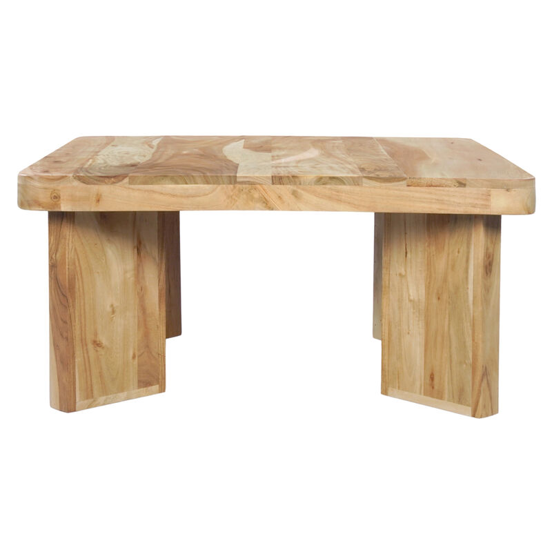 Cascade 32 Inch Coffee Table, Handcrafted Natural Acacia Wood, Square Top with Diagonal Wide Panel Legs