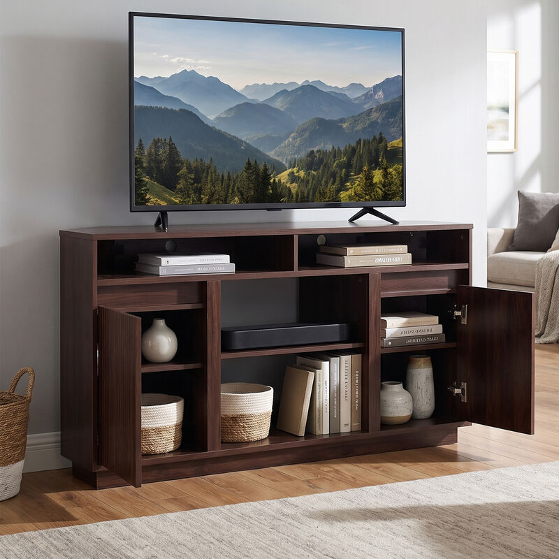 47" Dark Walnut Mid-Century Modern Wood Fluted Door Corner TV Stand Media Console with Open Shelf and Cabinet for TVs up to 50" image number 2