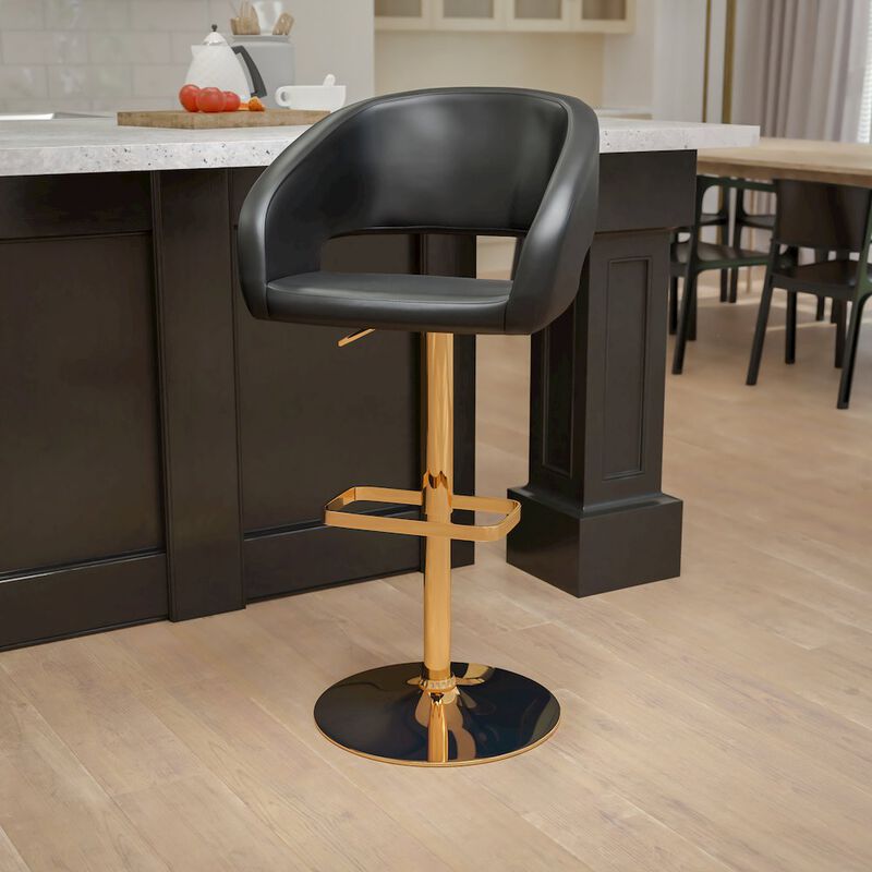 Flash Furniture Black Vinyl Adjustable Height Barstool with Rounded Mid-Back and Gold Base image number 9