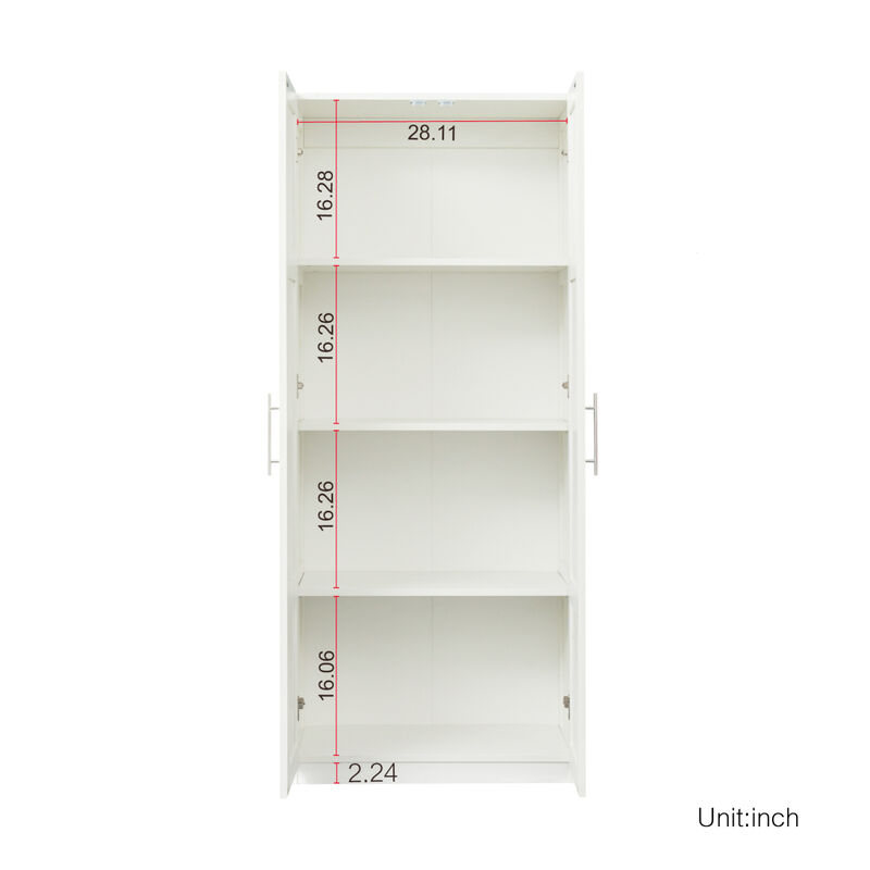 High wardrobe and kitchen cabinet with 2 doors and 3 partitions to separate 4 storage spaces, white