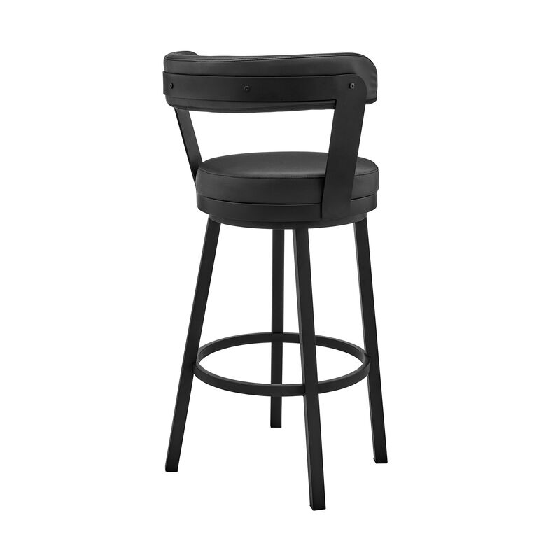 Emma 26 Inch Modern Counter Stool Chair, Vegan Faux Leather, Swivel, Black - Benzara