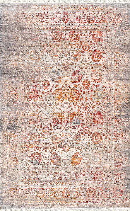 HomeRoots Floral Distressed Area Rug With Fringe