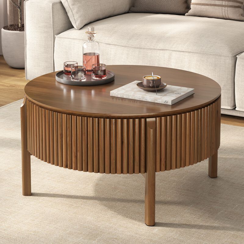 Whisen 30.3" Round Lift Top Coffee Table, Solid Wood Hidden Storage Modern Farmhouse Center Table for Living Room image number 3