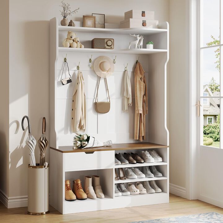 Hall Tree with Bench and Shoe Storage, 5-in-1 Entryway Hall Tree with Coat Rack, Hidden Drawer, 7 Coat Hooks, 3-Tier Shoe Storage for Hallway