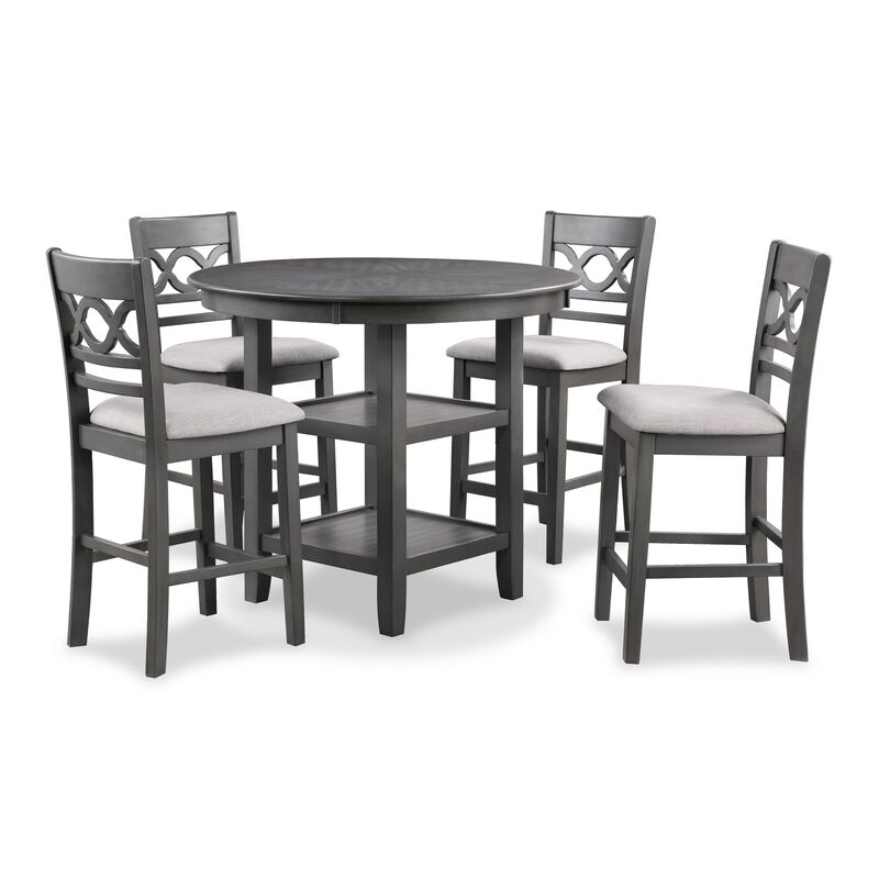 Ceri 5pc Round Counter Dining Table and Chair Set, Gray Wood, White Fabric - Benzara