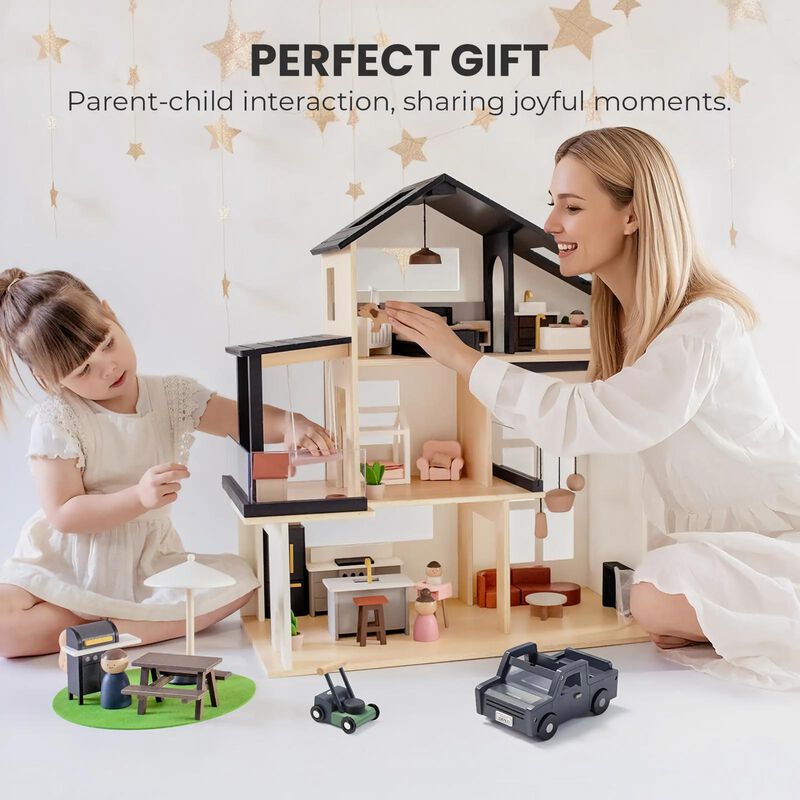 Wooden Doll House, Black Dollhouse & Dollhouse Garage & Extra Dolls Set image number 8