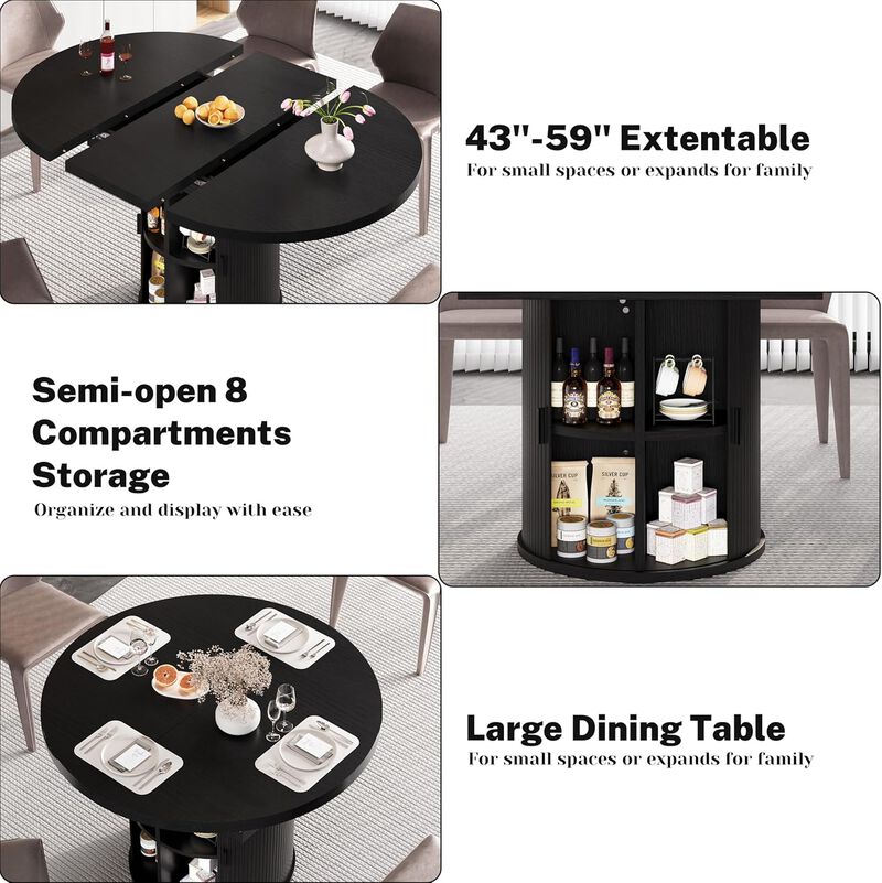 Vipbear 43" to 59" Extendable Round Dining Table, Solid Wood Top with Storage Cabinet, Kitchen image number 7