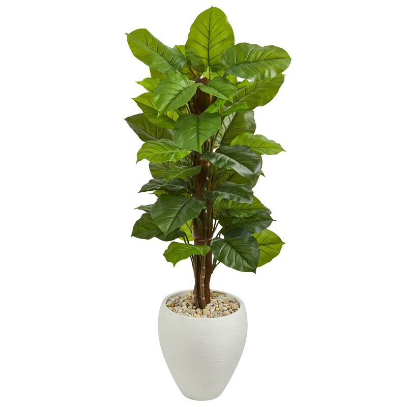 Hivvago 5 Feet Large Leaf Philodendron Artificial Plant in White Oval Planter (Real Touch)