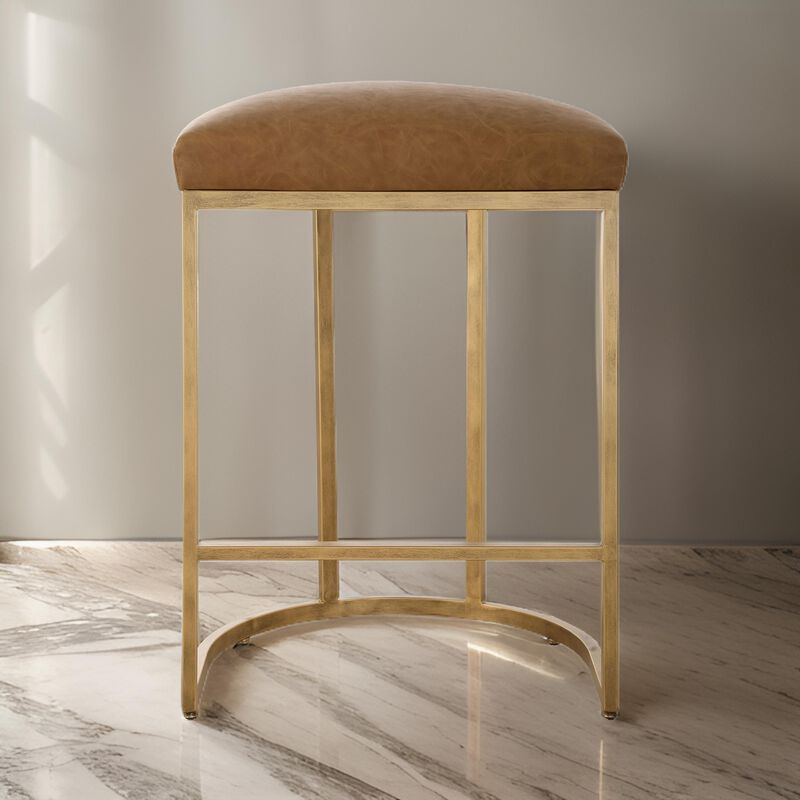 Gyn Counter Height Stool, Brown Faux Leather, D Seat, Gold Cantilever Base