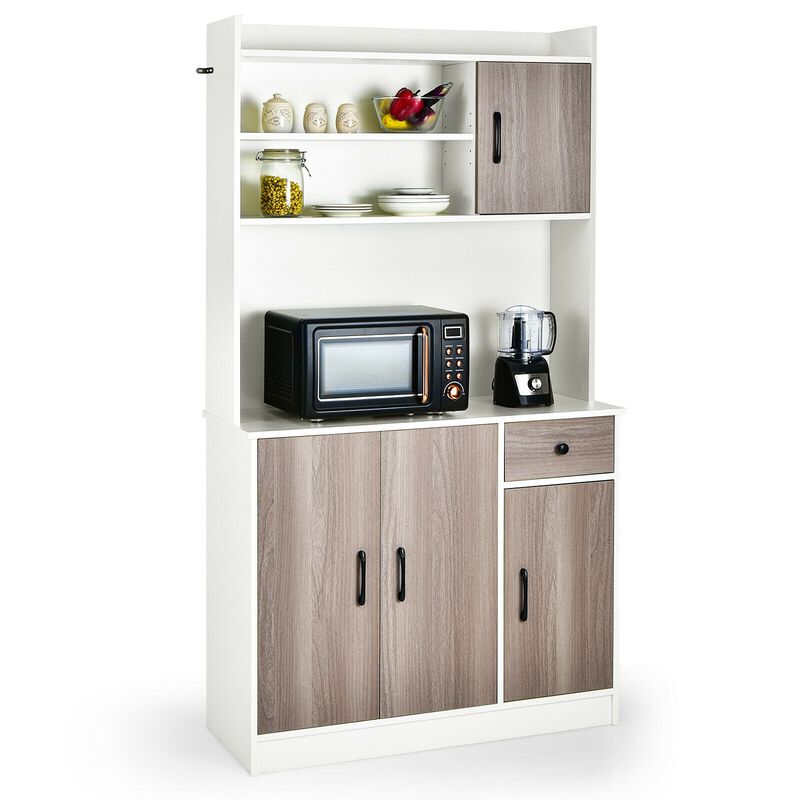 4-Door Freestanding Kitchen Buffet with Hutch and Adjustable Shelves-White