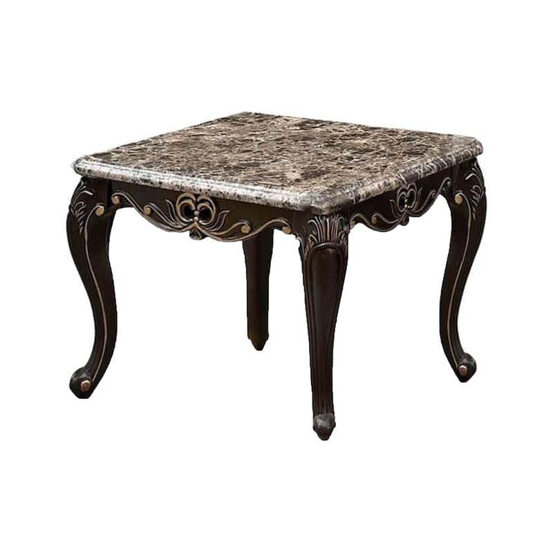 Ery End Table, Dark Walnut Brown Wood, Carved Details, 28 Inch