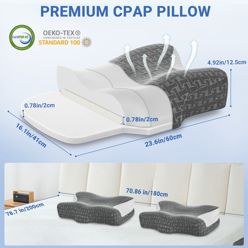 Elviros Cervical Neck CPAP Pillow for Sleeping, Ergonomic Adjustable Height Neck Support Memory Foam Bed Pillow for CPAP Users with Sleep Apnea, Suitable for Side and Back Sleepers