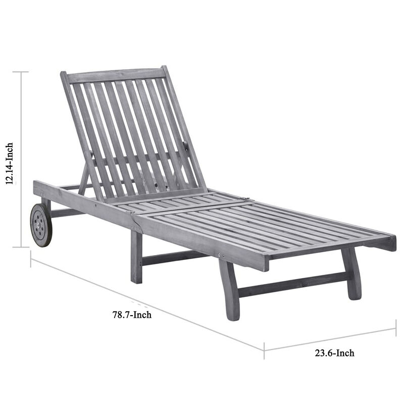 Outdoor Sun Lounger, Gray Acacia Wood, Ivory Fabric Cushion, 78 Inch - Benzara