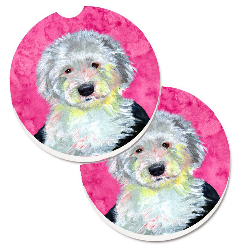 Caroline's Treasures Pink Old English Sheepdog Set of 2 Cup Holder Car Coasters LH9396PKCARC, 2.56, Multicolor image number 0