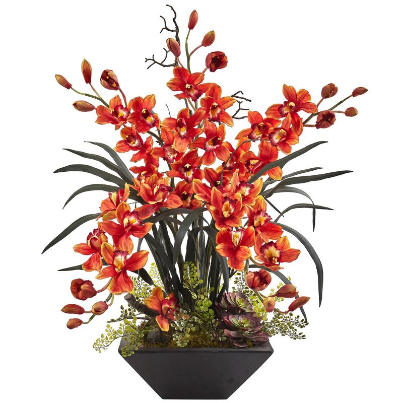 Nearly Natural 36-in Cymbidium Orchid with Black Vase image number 0