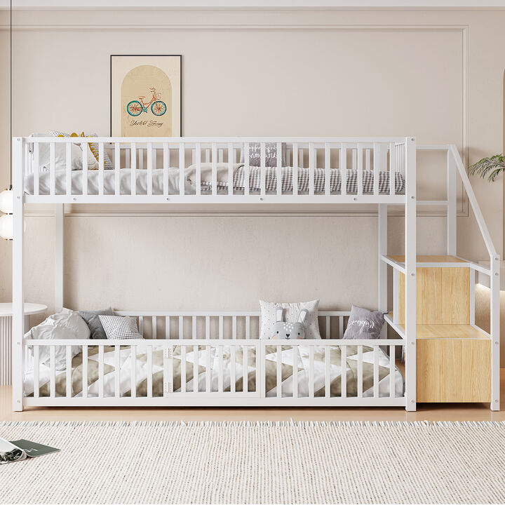 Merax Low-Profile Twin Over Twin Metal Bunk Bed with Storage Ladder