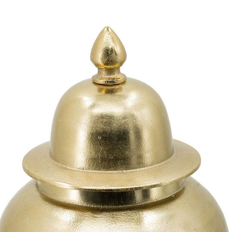 21 Inch Lidded Vase Urn, Finial Accent, Brilliant Gold Aluminum Finish - Benzara