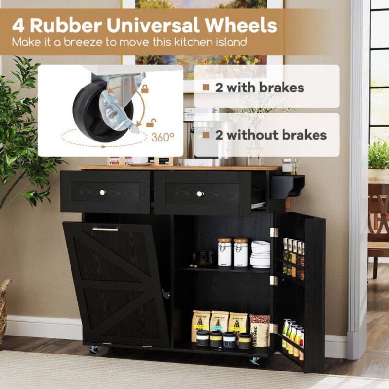 Hivvago Rolling Kitchen Island with Trash Can Cabinet and Rubber Universal Wheels