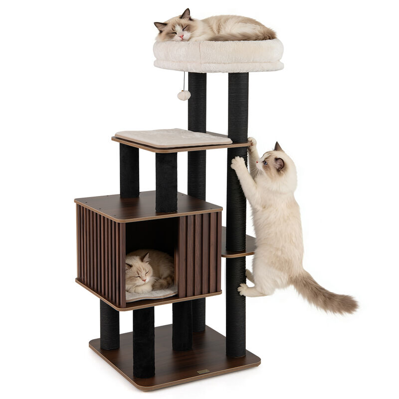 Tall Wooden Cat Tree for Indoor Cats with Padded Top Perch-Brown image number 4