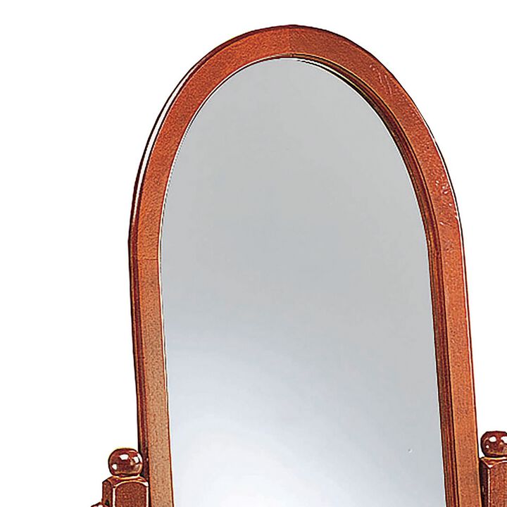 Standing Cheval Mirror with Oval Frame Turned Posts, Brown - Benzara