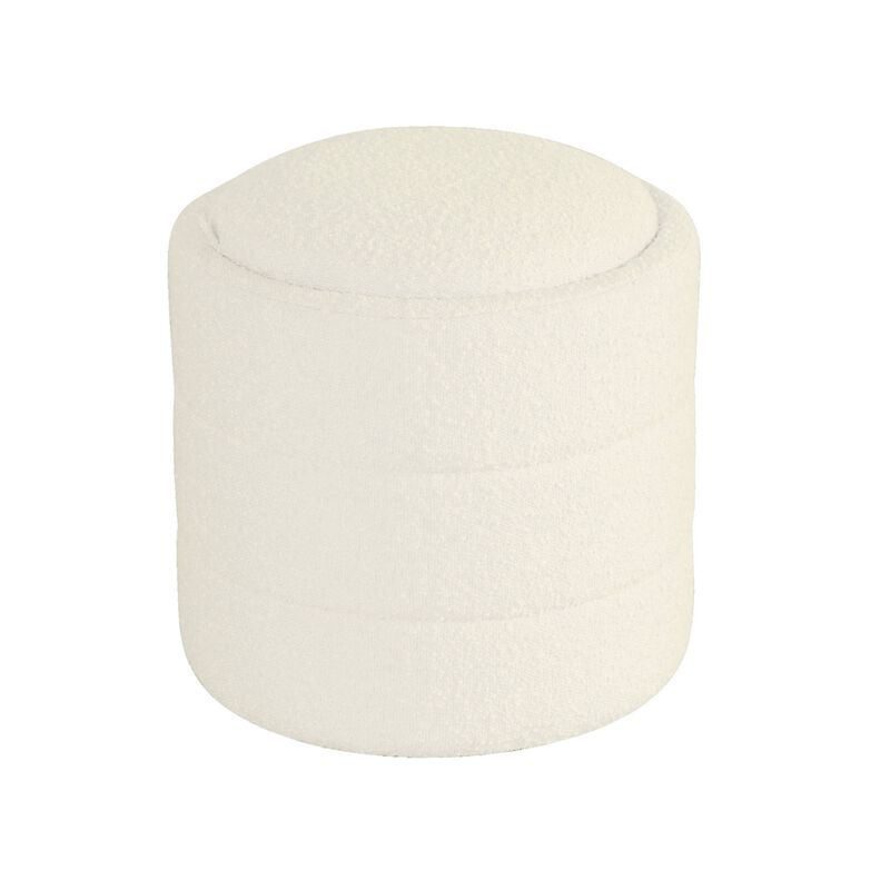 Pero Storage Ottoman, 18 Inch Round Removable Lid, White Boucle Fabric