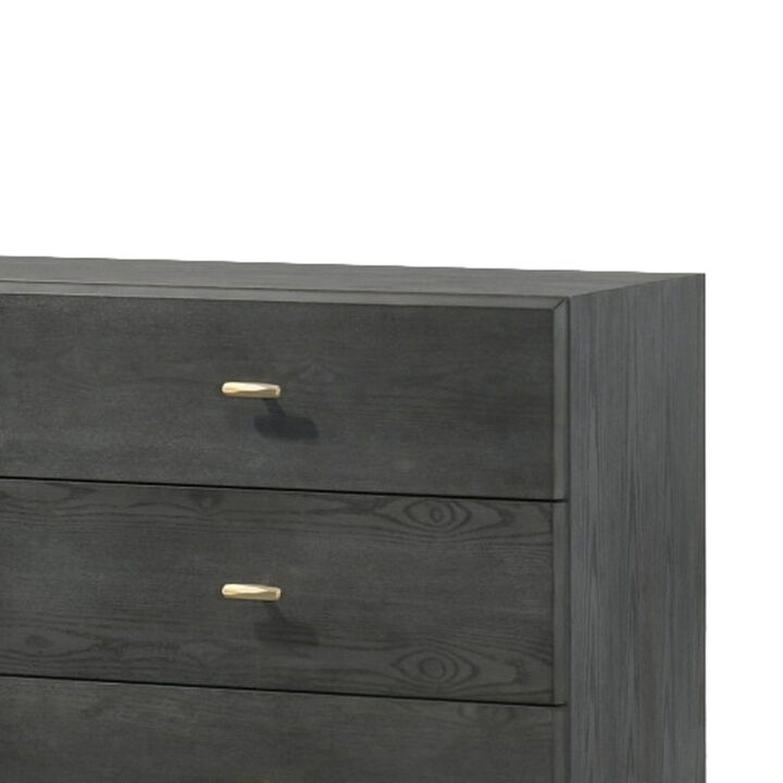 Wooden Dresser with 6 Drawers and Metal Hairpin Legs, Gray and Gold - Benzara