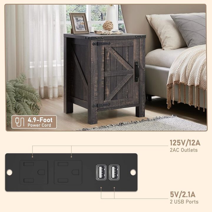 Nightstand Set of 2 with Charging Station, Rustic End Table with Barn Door Cabinet, Adjustable Shelf, USB & AC Outlets