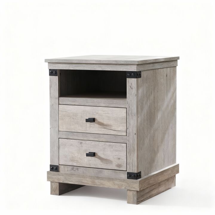 Rustic Nightstand with Charging Station, 18" End Table, 2 Drawers, USB & AC Ports