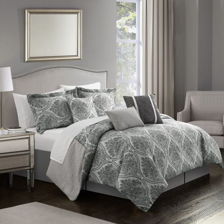 Chic Home Phantogram 7 Piece Comforter Set Reversible Two-Tone Damask Pattern Geometric Quilting Bedding - Bed Skirt Decorative Pillows Shams Included - King 104x92", Grey