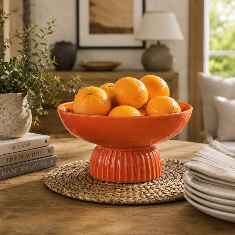 Ribbed Pedestal Fruit Bowl, Wide Basin, Glazed Orange Ceramic 11 Inch image number 8