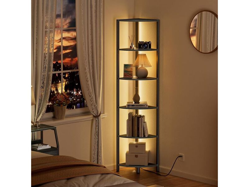 6 Tier Corner Shelf with LED Light Black Standing Organizer for Living Room image number 1
