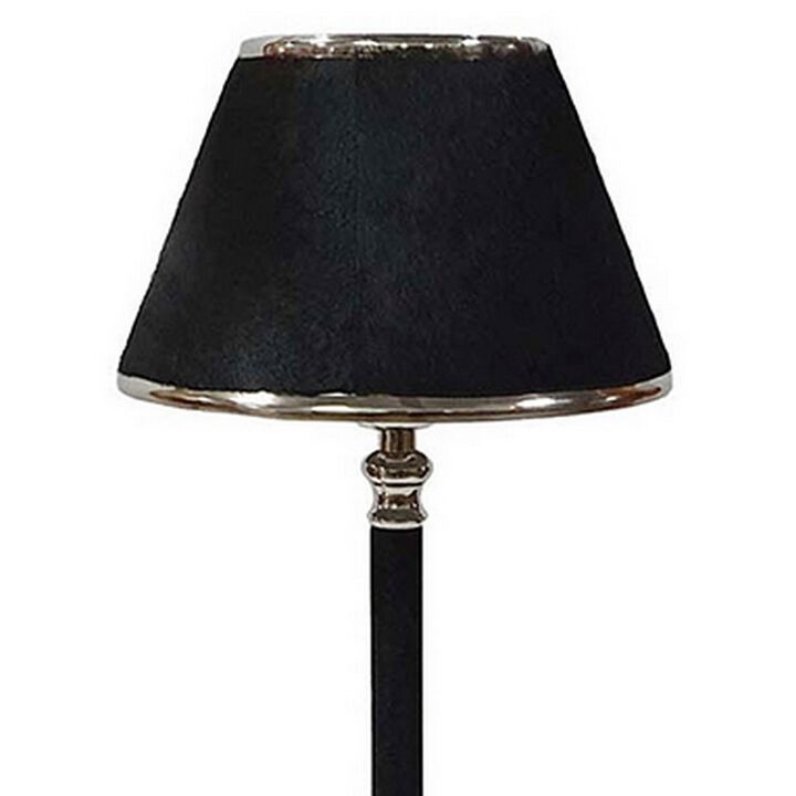 23 Inch Table Lamp, Leather Wrapped Tapered Shade, Aluminum, Black, Nickel - Benzara