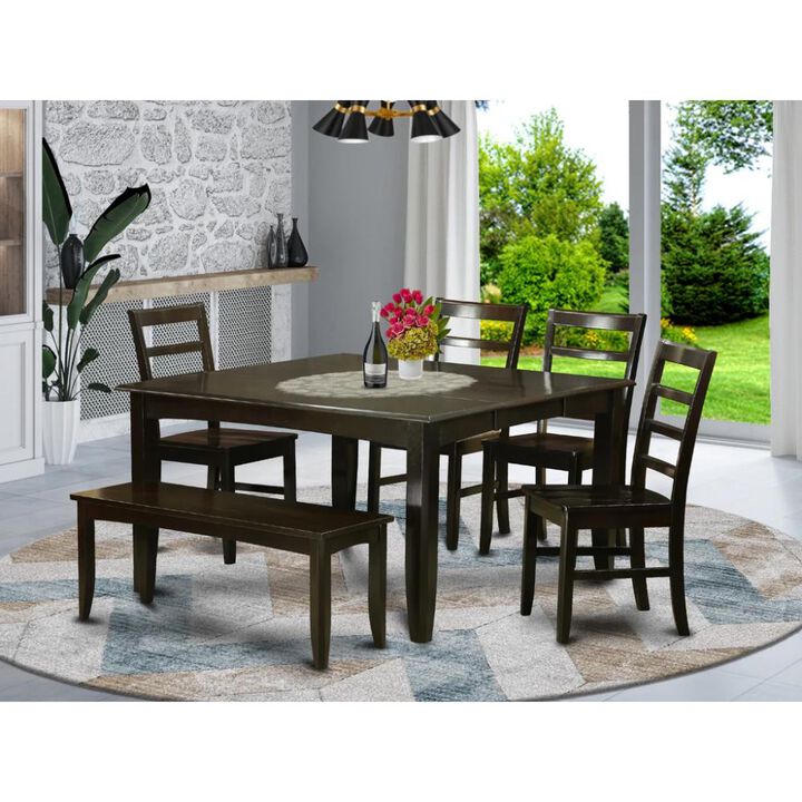 6 Pc Dining set with bench-Kitchen Table with Leaf and 4 Dining Chairs Plus Bench.
