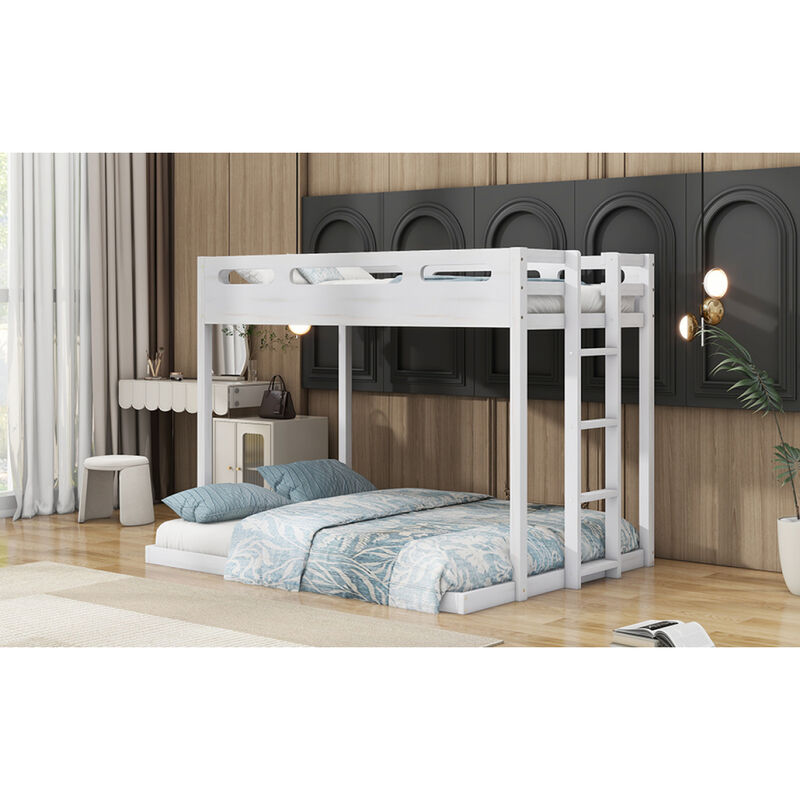 Twin over Full Bunk Bed with Builtin Ladder, White