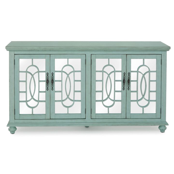 Trellis Front Wood and Glass TV stand with Cabinet Storage, Mint Green-Benzara