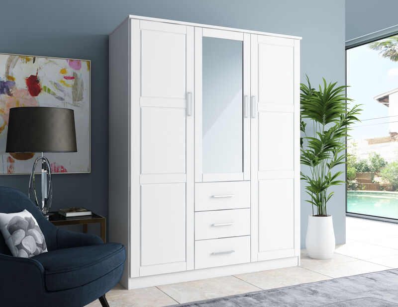 100% Solid Wood Cosmo 3-Door Wardrobe with Mirrored Door