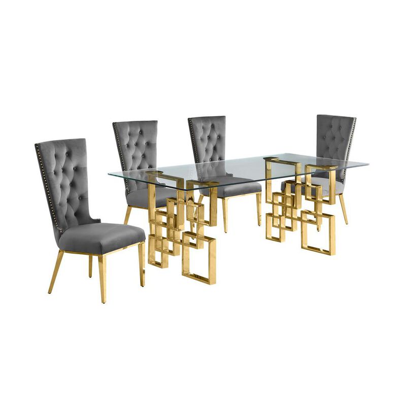 5-piece glam dining set with 4 dark grey chairs and a 79" long glass  table